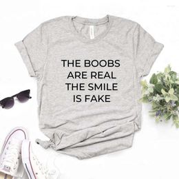 T-shirts Femmes Les seins sont réels Sourire est faux Imprimer Femmes T-shirts Coton Casual Chemise drôle pour Lady Yong Girl Top Tee Hipster FS-137