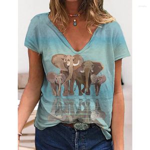 Camisetas de mujer con estampado de elefante en 3D, camisetas con cuello en V para mujer, jersey informal de manga corta para mujer, Tops de moda para mujer