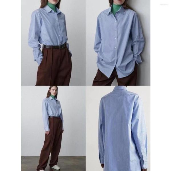 T-shirts pour femmes TheR0w chemise à rayures verticales bleues femmes Style minimaliste col montant haut frais été 2023