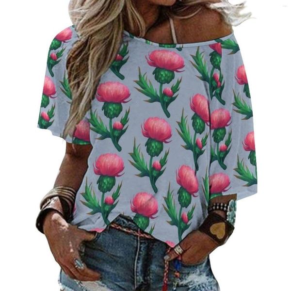 Camisetas de mujer, camiseta de manga corta con volantes de cardo, camiseta estampada Sexy con cuello en V, Tops, flores, plantas, rosa, Magenta, brotes bonitos