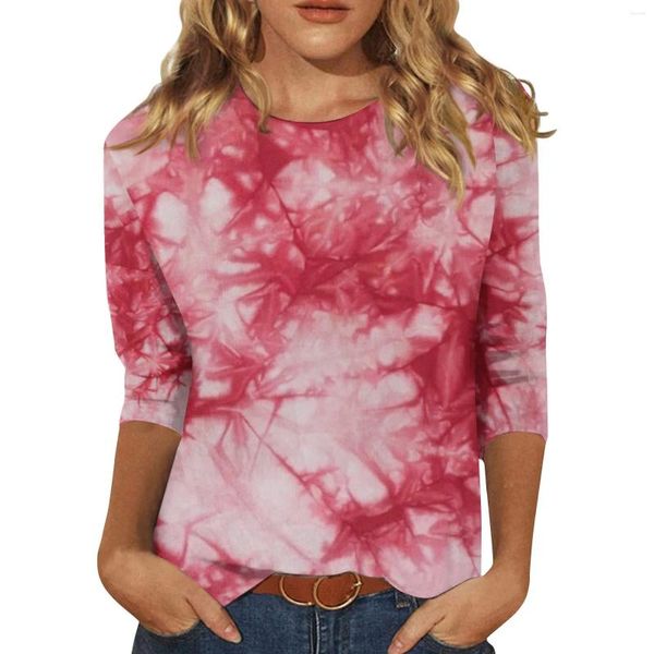 Camisetas de mujer Mangas tres cuartos para mujer Moda Tie Dye Camisetas gráficas Blusas Casual Tallas grandes Básico Cuello redondo Tops