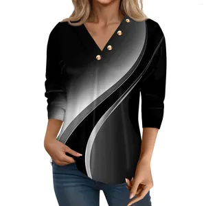 T-shirts pour femmes trois quarts de manches sur le bouton décontracté V Pullover Fashion Marbre Géométrique imprimement en vrac T-shirt 2024