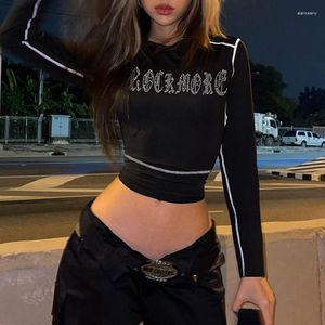 Dames t shirts strakke cinched letter boren open lijn omgekeerde auto t-shirt 2024 contrast kleur mode hiphop sportstijl lang