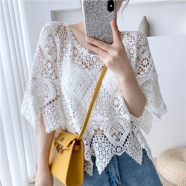 Camisetas para mujeres Tingyili dobladillo irregular hueco crochet encaje top mujeres verano beige beige beige blanco beach beather cubre