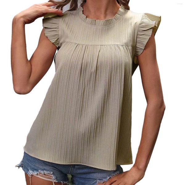 Camisetas para mujer, Top con manga voladora, blusa de Jacquard con rayas verticales Peplum, Tops cortos de algodón para mujer