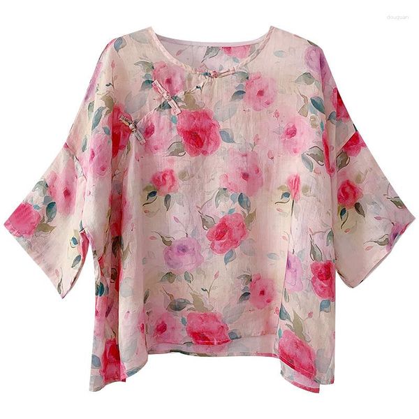 Camisetas de mujer Top Rana Botón Estampado floral Camisa suelta Estilo chino Ropa Retro Zen