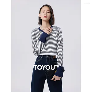 T-shirts Femmes Toyouth Femmes T-shirts rayés 2024 Automne Manches longues Col rond Slim Stretch T-shirt Marine Blanc Stripe Broderie Casual Tops