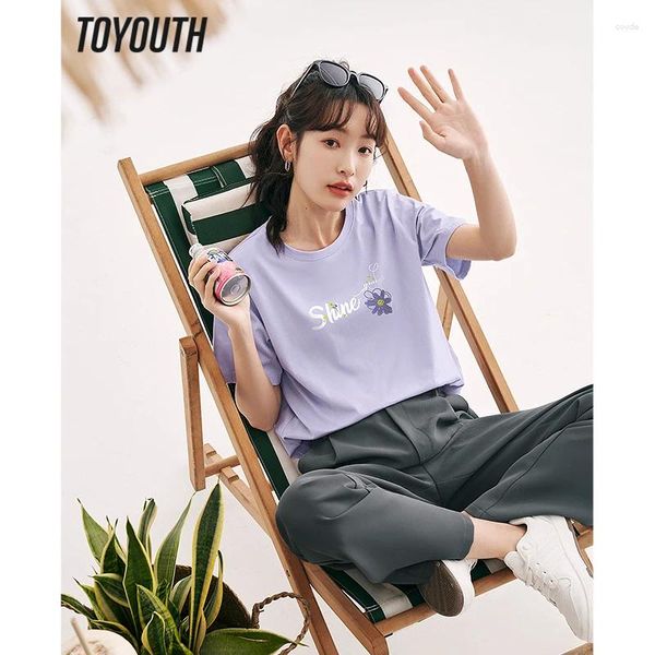 T-shirts Femmes Toyouth Femmes T-shirt 2023 Été À Manches Courtes O Cou Lâche Tees Shine Fleur Imprimer Pur Coton Confort Casual Bas Tops