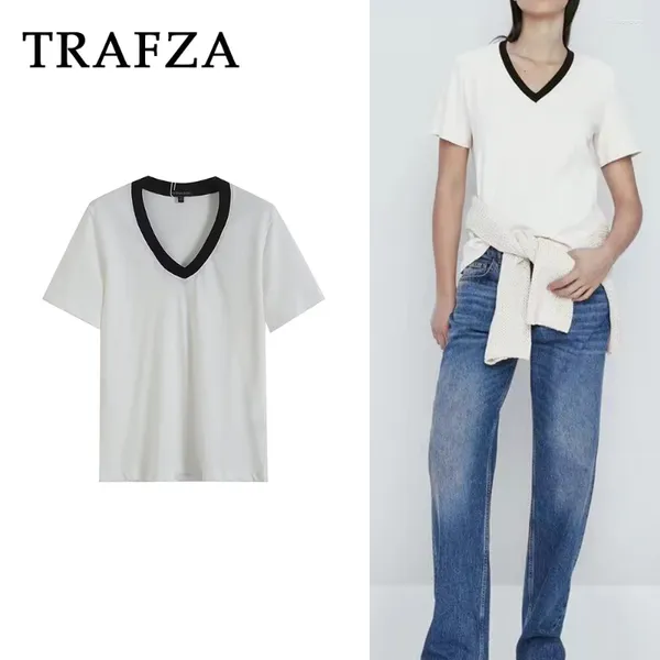 T-shirts pour femmes Trafza 2024 Printemps d'été Femmes décontractées Fashion Vintage Vintage V Neck Chic Short Tops Style Classic White