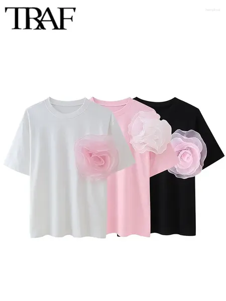 T-shirts pour femmes tricolore plissée de fleurs tridimensionnelles t-shirt femme t-shirts à manches longues pour femmes basique 2024 coton tshirts