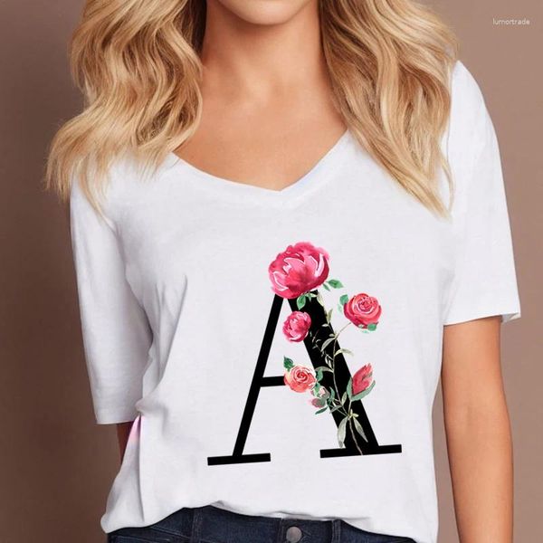 T-shirts pour femmes Tshirt Lawet Letter Imprimer Fleur A-Z Alphabet Floral White Shirt Short Sleeve Femmes Tee Casual Loose V Neck Fashion