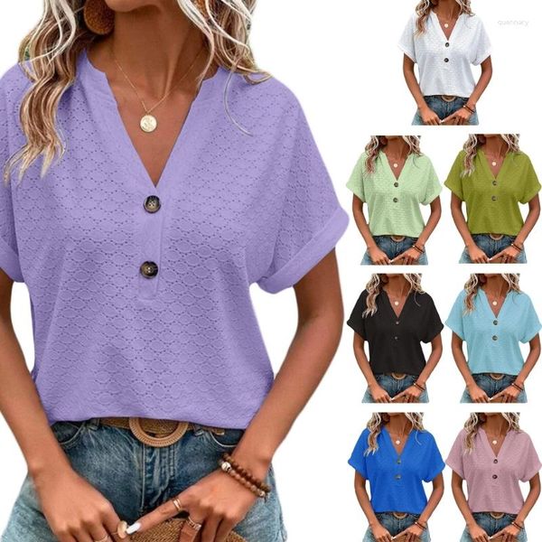 Camisetas de mujer Camisetas para mujer Túnicas casuales Tops Roll Up Camisa de manga corta con cuello en V Blusas sueltas con botones Camisetas de verano Regalos