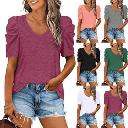 Damen T-Shirts T-Shirts Überlegene Qualität Frühling/Sommer V-Ausschnitt Kurze Puffärmel Einfarbig Mode Damen Tops Drop YDFSYD8807