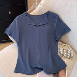 T-shirts pour femmes Tuangbiang été 2024 confort à manches courtes Coton Femmes V-Cold T-shirts Loose Contrus Cound Color Couleur Shirt Ladies All-Match