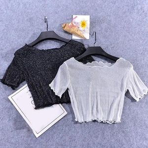 Camisetas para mujer, Túnica, Tops cortos, camisetas, camiseta de encaje de verano, camisetas de media longitud para mujer, blusas transparentes de malla brillante