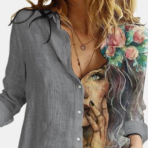 T-shirts pour femmes col rabattu à manches longues Blouse femmes élégant imprimé automne décontracté bureau bouton chemise hauts chemise femmes