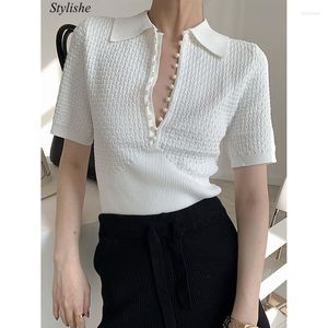 T-shirts pour femmes col rabattu hauts blancs femmes à manches courtes Slim fausse perle boutons chemise Vintage vêtements de mode coréenne