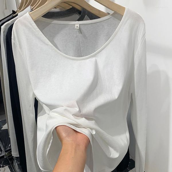 Camisetas para mujer Cuello en U Casual Camiseta de manga larga suelta Mujer 2023 Primavera Dividido Blanco Negro Básico Femenino Diseño simple Camisetas coreanas Tops