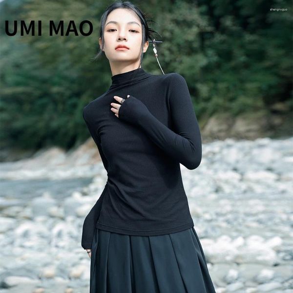 T-shirts pour femmes Umi Mao Dark Design Top Agaric en dentelle de dentelle d'automne hiver haut collier slim ajustement usé à manches longues à l'intérieur de la base
