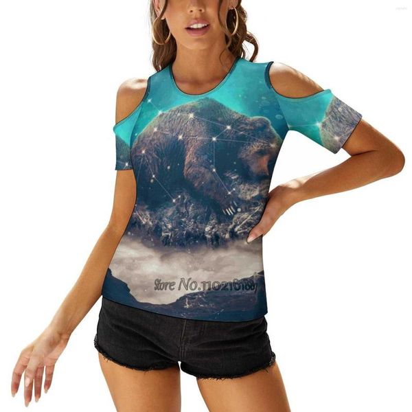 T-shirts femme sous les étoiles | Ursa Major Sexy T-Shirt Casual Tops Une Épaule Laçage Coréen T-Shirts Montagnes Lune Montagne