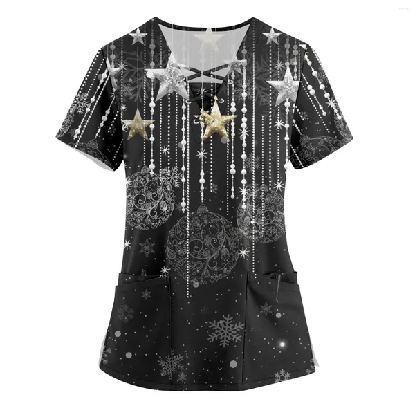 Camisetas para mujer, uniformes para mujer, Tops exfoliantes, Túnica de trabajo con estampado de Feliz Navidad, blusa con cuello en V, ropa para trabajadores de cuidado, ropa de trabajo