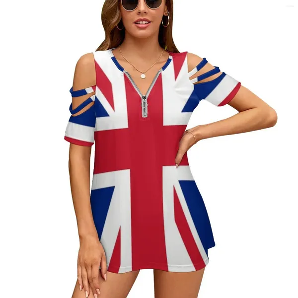 T-shirts pour femmes Union Jack T-shirt Fashion Imprimé Zipper V-Neck à manches courtes Casual Plus Size Flag United