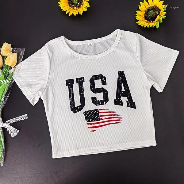 Camisetas para mujer EE. UU. Patrón de bandera americana Camiseta con estampado Vintage Harajuku Slim Manga corta Crop Top Streetwear Ropa de mujer Y2k Sexy Baby