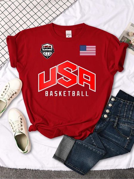 Camisetas para mujer Camisetas estampadas con logotipo de la bandera de baloncesto de EE. UU., camisetas holgadas de verano para mujer, camisetas informales transpirables de manga corta con cuello redondo a la moda