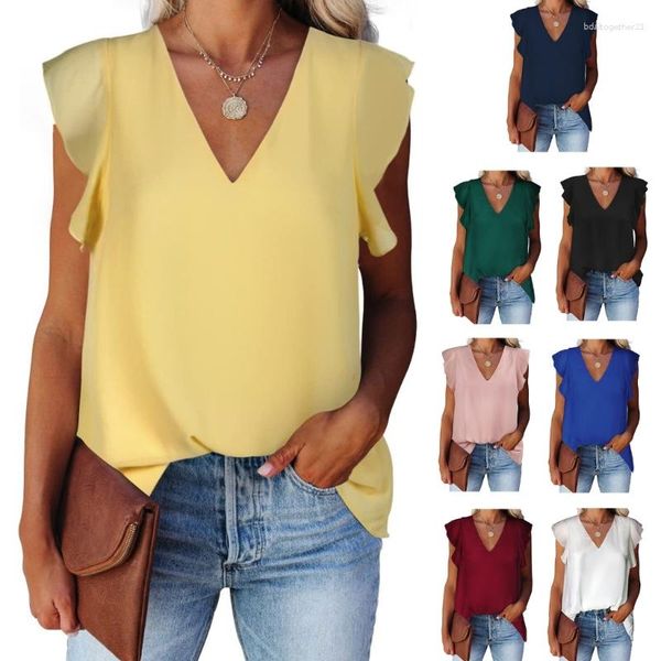 Camisetas de mujer con cuello en V, chalecos elegantes, blusas de encaje con mangas voladoras, camisetas sin mangas fluidas para uso diario