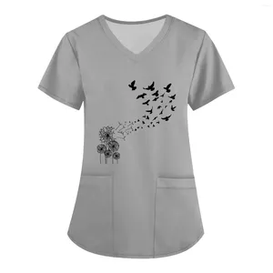 Camisetas para mujer Uniforme de enfermería con cuello en V Ropa de trabajo informal de manga corta con bolsillos Moda Diente de león Mariposa Impreso Uniformes clínicos