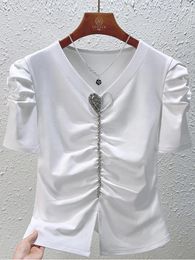 T-shirts T-shirts en coton à manches courtes en V pour femmes pour manches à bulles de style français printemps et d'été