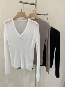 Camisetas para mujeres con cuello en V sólido lana de manga larga suéter de punto