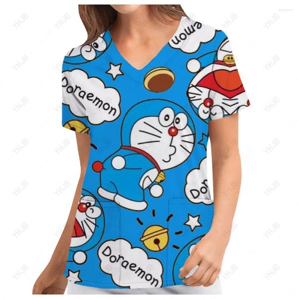 T-shirts Femmes V Cou T-Shir Hôpital Infirmière Uniforme Dessin Animé Doraemon Femme Vêtements Tops Top Femmes 2024 Mode Été Poche T-shirts