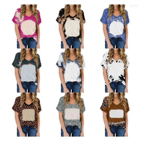 Camisetas para mujer Camisetas con cuello en V para mujer Sublimación en blanco Tiedye Tops Ropa casual para niñas Mujeres Jersey de gran tamaño DIY Imprimir Po Logo