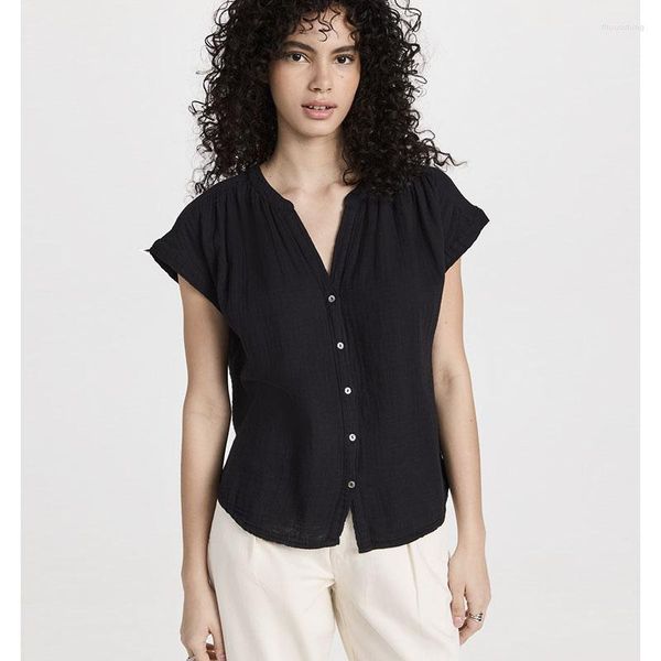 Camisetas de mujer con cuello en V, textura arrugada, ligera, fresca, suelta, temperamento, camiseta de manga corta, Top