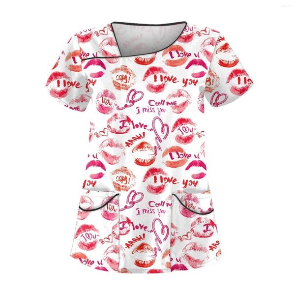 Camisetas para mujer, ropa de trabajo estampada para el Día de San Valentín, cuello inclinado y bolsillos de doble capa, Top básico, Jersey a la moda para mujer