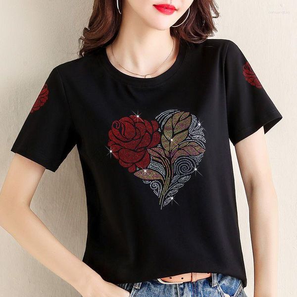 Camisetas de Mujer Vetement Femme, camiseta negra para Mujer, Tops con estampado de diamantes de imitación de verano, camisetas de talla grande XXXXL con diamantes, camisetas para Mujer, Poleras para Mujer