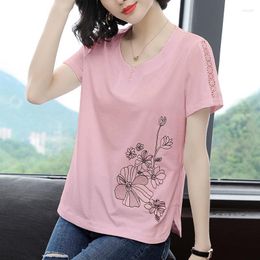 T-shirts Femme Vetement Femme T-shirts Femme Broderie Fleurs D'été Tops T-shirts Brodés T-shirts Poleras De Mujer Moda Blanc Rose