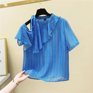 Dames t-shirts vinatge blauw gestreepte tops korte mouw mode off-schouder T-stukken voor vrouwen zoete elegante patchwork ruches t-shits femme