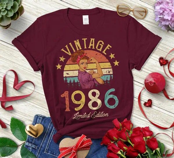 Camisetas para mujer Vintage 1986 Edición limitada Camiseta retro para mujer Divertida idea de regalo de cumpleaños número 36 Algodón Abuela Mamá Esposa Niña Hija