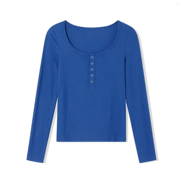 T-shirts pour femmes T-shirts à manches longues bleu vintage printemps automne slim fit plaft