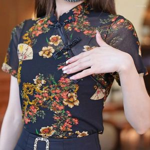 T-shirts pour femmes Boutons vintage Collier de style chinois Tee-shirt Femmes Manches courtes Imprimé Floral Mesh Slim T-shirts Taille M-3XL