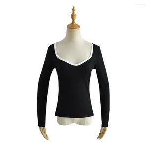 T-shirts Femmes Vintage Vêtements Blanc Crop Top Sexy Manches Longues Col Carré Noir Tops Femmes 2024 Mode Slim Chemise Couleur Bloc Mignon