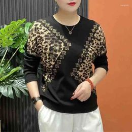 T-shirt da donna Vintage Moda Donna Diamanti T-shirt leopardata Primavera Autunno Abbigliamento femminile T-shirt in pile Caldo allentato Casual Maglie a manica lunga