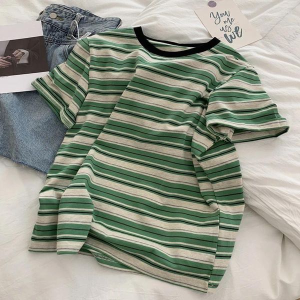 T-shirts pour femmes Vintage Green Striped Femmes T-shirts BF Style Sleeve à manches otons ôts lâches