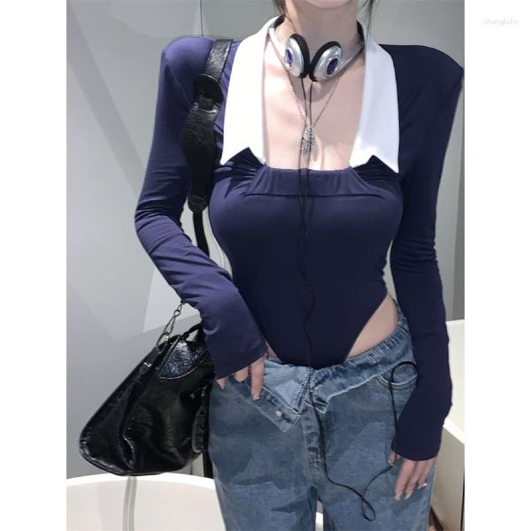 Camisetas para mujer Vintage Irregular Casual Camiseta de manga larga Mujer 2023 Otoño Polo Collar Contraste Color Costura Sexy Slim Body