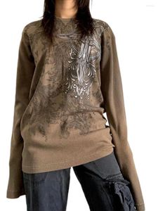 T-shirts femme Vintage hauts amples pour femmes à manches longues col rond imprimé croisé T-Shirts Streetwear Grunge