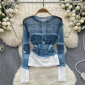 Camisetas de mujer Vintage estampado malla cuello redondo camisa de manga larga Casual Slim Sexy Chic camisetas finas mujeres Streetwear moda Crop Top