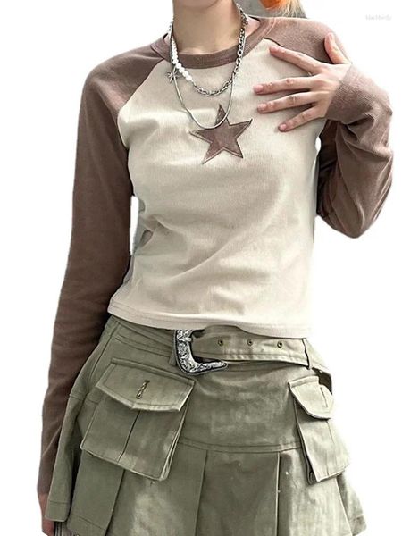 Camisetas de mujer Vintage estrella marrón Crop Tops mujeres Hippie moda coreana Patchwork Slim Top Harajuku camisetas de manga larga Mujer