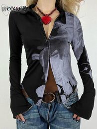 T-shirt da donna Weekeep Camicetta con stampa floreale retrò da donna Elegante collo rovesciato Camicia con bottoni Cardigan Y2k Vintage Streetwear Tee Autunno